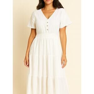 ZARA Short Sleeve Button Front Smocked Waist Midi Sundress White Small